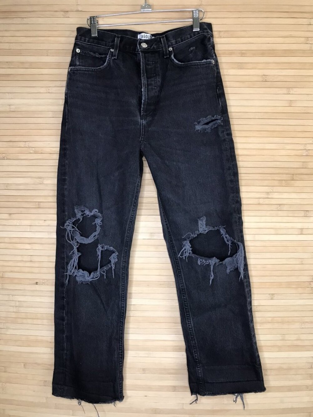 Agolde Women's 90's Loose Fit Mid Rise Black Audio Distressed Jeans raw hem 27